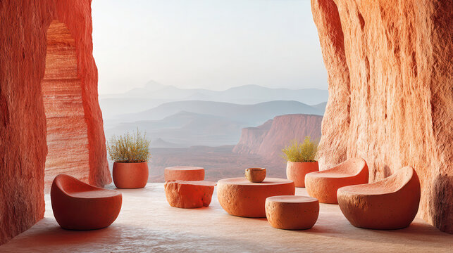 Terracotta mineral furniture set with aesthetic design in cave patio overlooking mountain landscape at sunrise