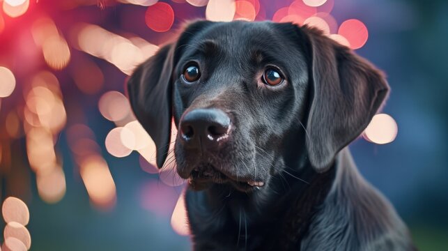 Cute black Labrador retriever looking apprehensive with festive bokeh background of colorful lights and sparklers during celebration