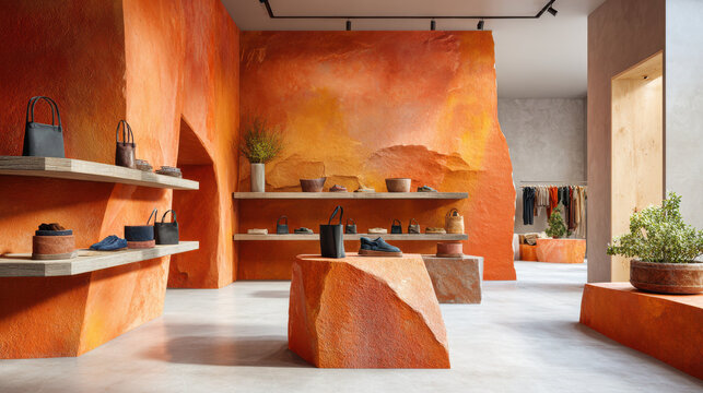 Modern terracotta store interior with mineral textured walls and aesthetic display shelves showcasing bags and shoes
