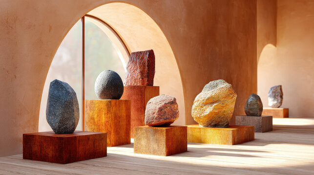 Terracotta mineral stones displayed on wooden blocks in aesthetic sunlit room with arched windows creating warm shadows