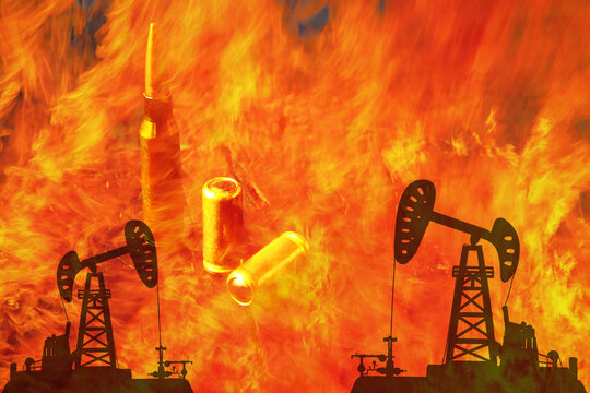 Silhouettes of two oil pumps and bullets engulfed in blazing fire. Global conflict.