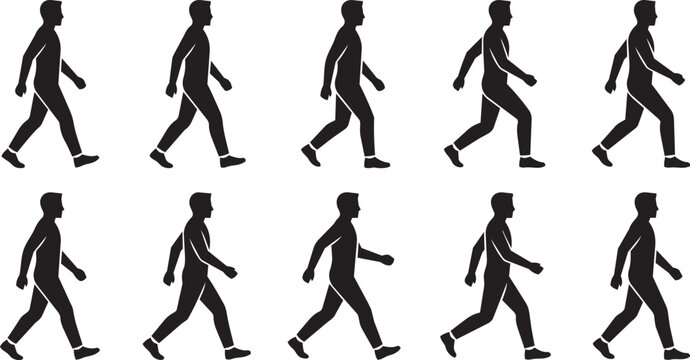 Silhouette figures in walking sequence against white background conveying motion and progress