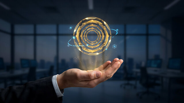 Professional business person holding golden circular holographic user interface element floating above human open palm.