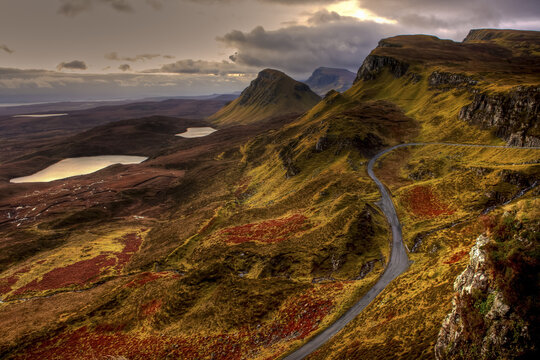The Quiraing mountain range located on the Isle of Skye in the Scottish Highlands