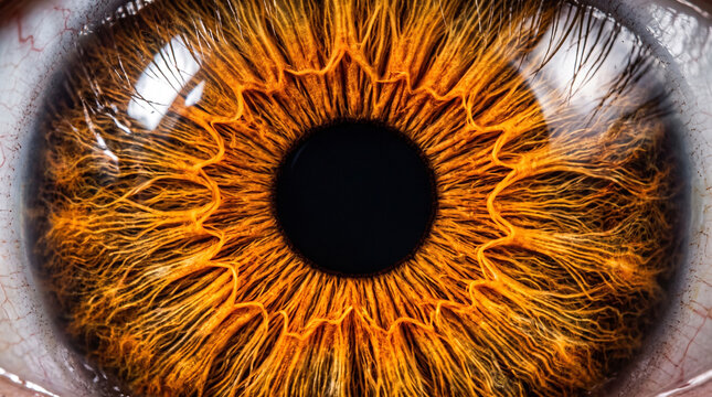 Extreme closeup of a human eye with a vibrant goldenorange iris, detailed fiber structure, and dark pupil, macro photography of eye anatomy