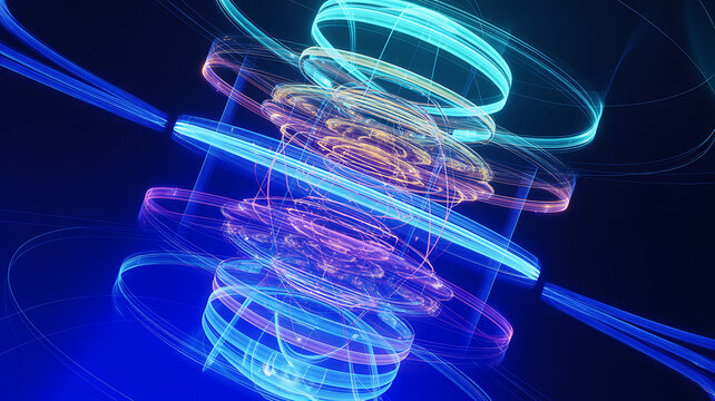 Abstract futuristic energy core with glowing blue and purple light rings representing digital data flow and quantum physics technology in dark space for high tech scientific backgrounds and concept.