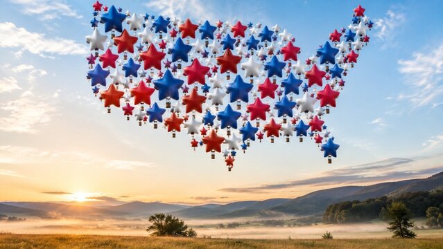 Star shaped balloons forming USA silhouette over sunrise landscape