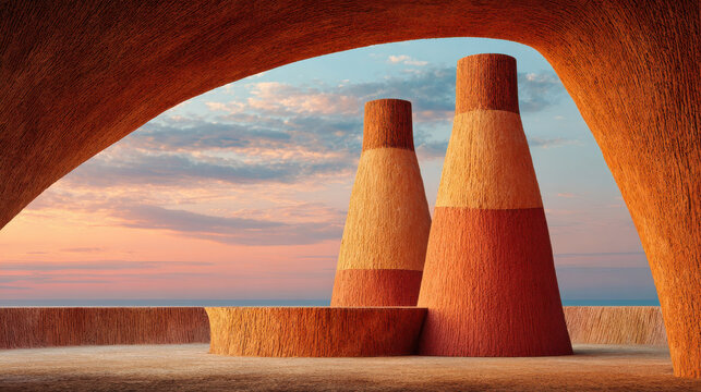 Terracotta mineral structure with aesthetic design under colorful sky at sunset
