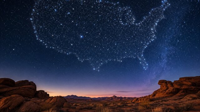 USA constellation made of stars over quiet desert landscape at twilight