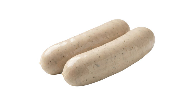 Two raw bavarian weisswurst white sausages isolated on transparent background