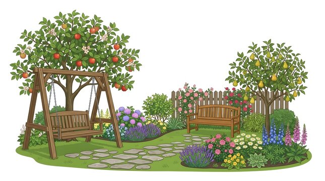 American Family Day Backyard Garden with Swing and Fruit Trees