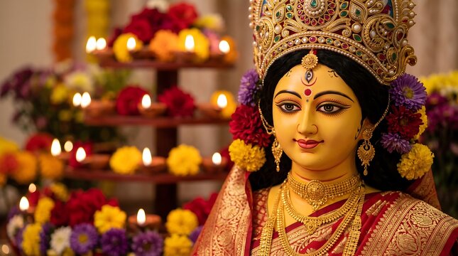  Beautiful Goddess Durga Idol Close-up Smiling with Colorful Diya Tier and Flowers