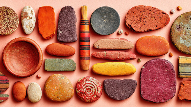 Terracotta mineral stones and brush arranged aesthetically on soft background creating natural artistic composition