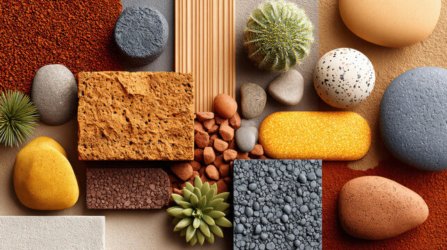 Terracotta and mineral textures create aesthetic arrangement of natural stones and succulents in warm earthy tones