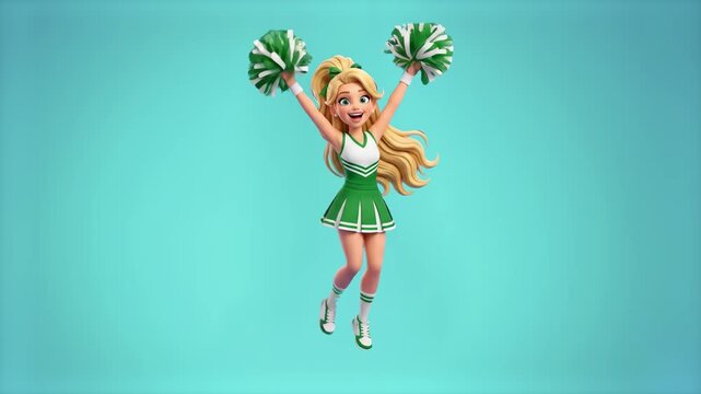 A vibrant 3D animated blonde cheerleader jumping in celebration with raised pom-poms against a bright teal background. Ideal for high school sports banners, team victory announcements, and energetic p