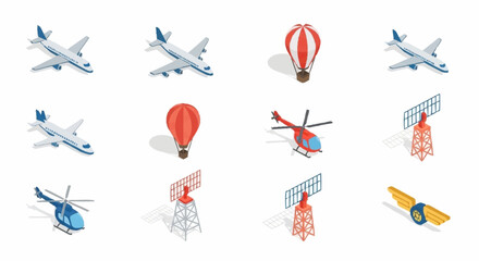 Colorful collection of airplanes and helicopters in isometric style. © Noura