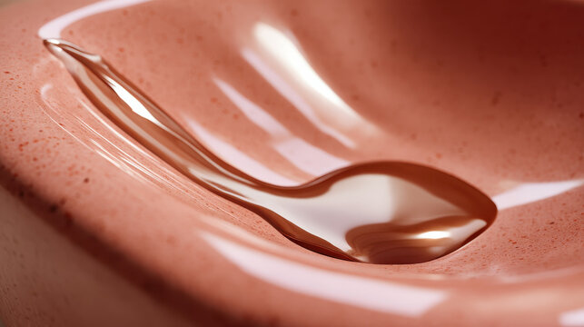 Aesthetic terracotta ceramic plate with shiny mineral spoon reflecting light in close up view