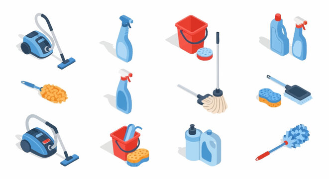 Colorful isometric icons of household cleaning supplies and tools.