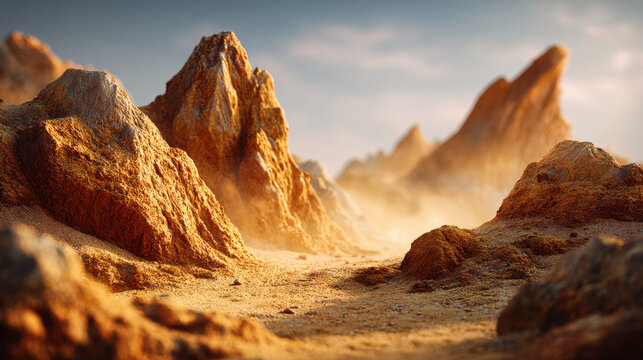 Terracotta mineral rock formation with aesthetic warm light and misty atmosphere in desert landscape scene