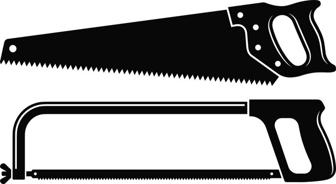 Vintage Hand Saw and Hacksaw Silhouette Icon Set Featuring Carpentry and Metalworking Cutting Tools for Construction Hardware DIY Project Vector Illustrations