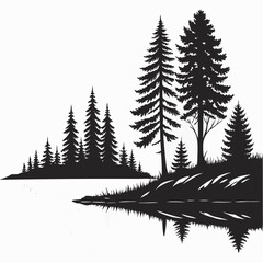 Coniferous forest and lake shoreline reflection silhouette graphic with reflection, landscape © Ar