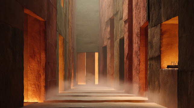 Ancient terracotta corridor with mineral textured walls and warm light creating aesthetic misty atmosphere