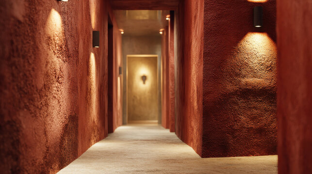 Terracotta wall corridor with mineral texture and aesthetic warm lighting creating cozy atmosphere in interior space
