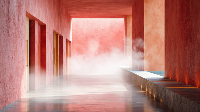 Terracotta walls with mineral texture create aesthetic corridor filled with soft mist and natural light enhancing space