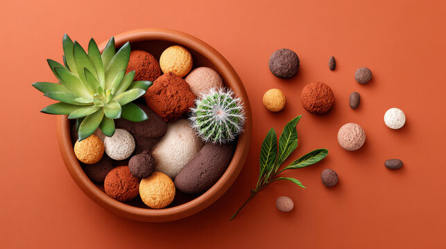 Succulent and cactus in terracotta pot with mineral stones create natural aesthetic on terracotta background with green leaves