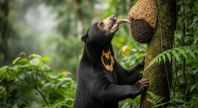 A sun bear extends its long tongue to lick a wild beehive