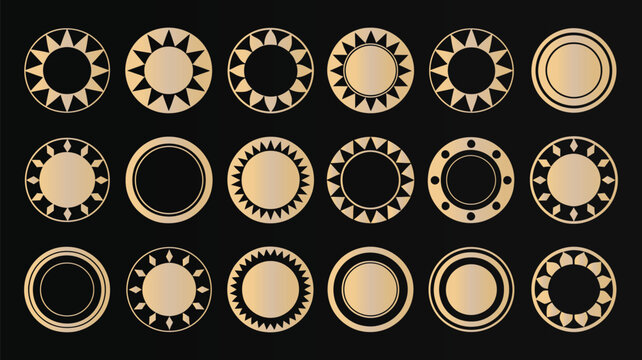 Gold geometric round borders vector set golden circle frames with sunburst elements isolated on black background luxurious graphic badges collection.