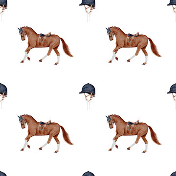 Seamless pattern with a horse and helmet. Sports-themed clip art. Polo and horse riding. Design for sports equipment, brochures, and banners.