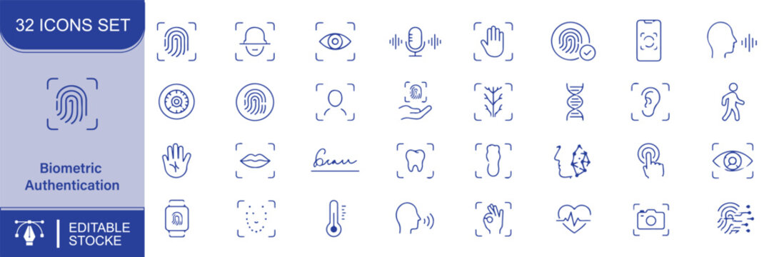 Biometric Authentication Vector Outline Icons Set &ndash; Fingerprint, Face ID, Voice Recognition and Secure Access Line Symbols Collection