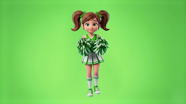 A cheerful 3D cartoon cheerleader girl with brown pigtails in a green and white uniform holding green pom-poms, standing against a green screen chroma key backdrop. Ideal for sports promos, school spi