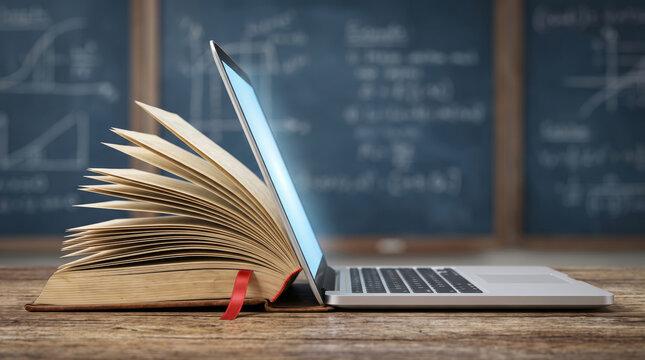 Study assistant laptop digital learning concept with open book beside computer glowing screen focus. ai technology innovation. online remote student learning, school education computer help