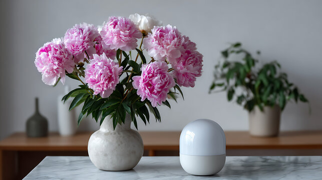 beautiful pink peonies arranged in white vase on table inside cozy living room