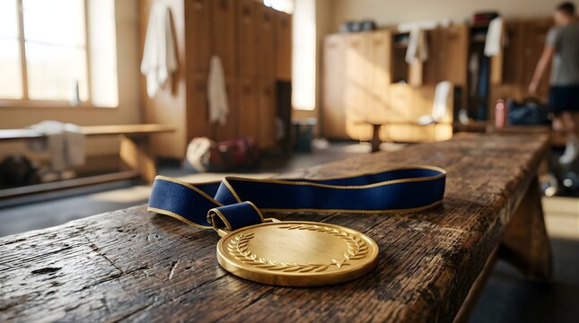 Golden medal with blue ribbon on wooden bench in a locker room after sports victory
