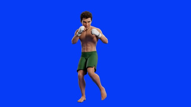A dynamic 3D cartoon boxer in green shorts wearing hand wraps dancing and dodging in a boxing ring rhythm, isolated on a solid blue chroma key background. Excellent for sports highlights, martial arts
