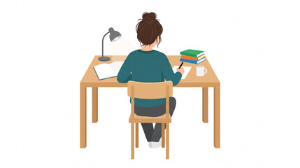 Fototapeta premium Young woman studying and writing thesis paper at office desk under desk lamp light illustration