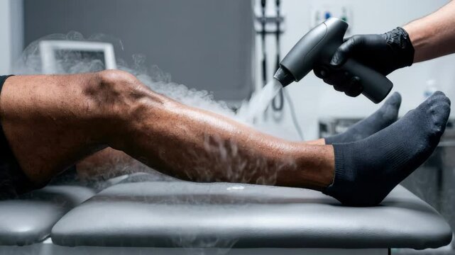 Therapist applying cryotherapy to knee of African American man using handheld nitrogen device. Cold recovery treatment for injury in sports medicine clinic facility.