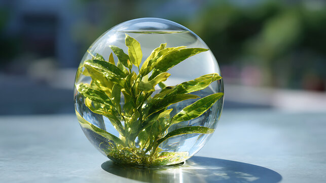 artistic crystal ball with nature elements inside floating gently on calm water background