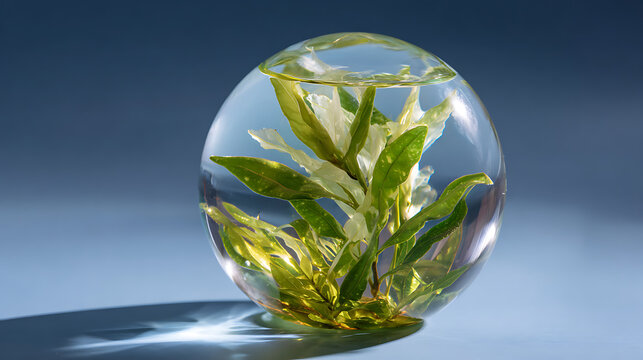 artistic crystal ball with nature elements inside floating gently on calm water background
