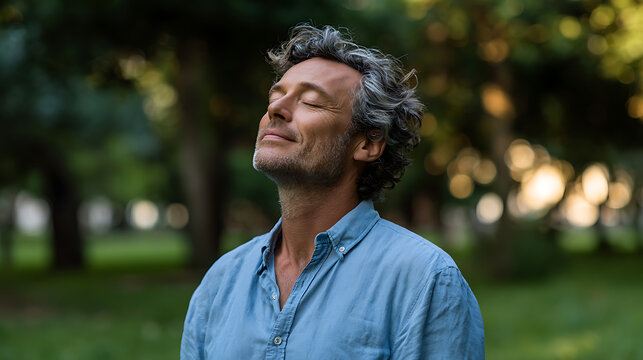 spiritual wellness portrait of peaceful man breathing calmly surrounded by green nature