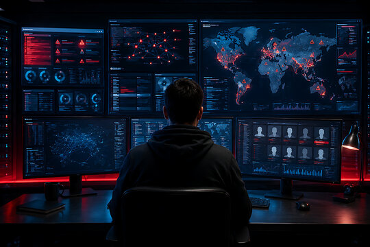 Cybersecurity operations analyst monitoring global threat maps, alert dashboards, and network activity across multiple screens in dark command center with red warnings and servers nearby