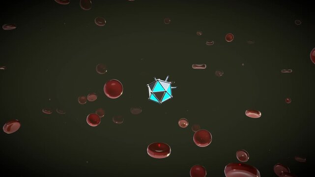 Cinematic aft pursuit following the glowing thruster core on a microscopic medical nanobot featuring a bio-mechanical chassis inside a bloodstream environment.