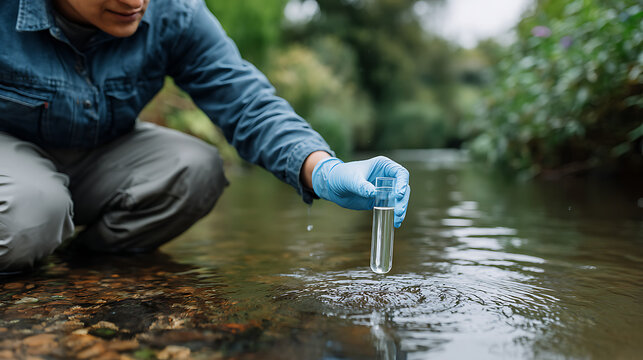 researcher wearing blue gloves collecting water sample from natural river using glass test tube