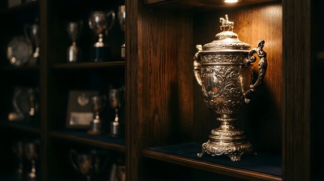 Ornate silver trophy cup displayed on a wooden shelf in a club trophy room