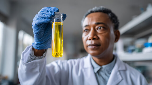 professional woman researcher holding sample test tube during chemistry analysis in modern lab