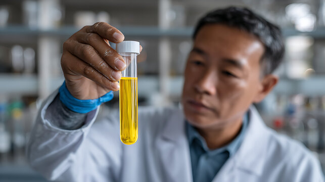 professional woman researcher holding sample test tube during chemistry analysis in modern lab