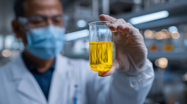 mature female scientist wearing glasses examining test tube with yellow liquid in laboratory